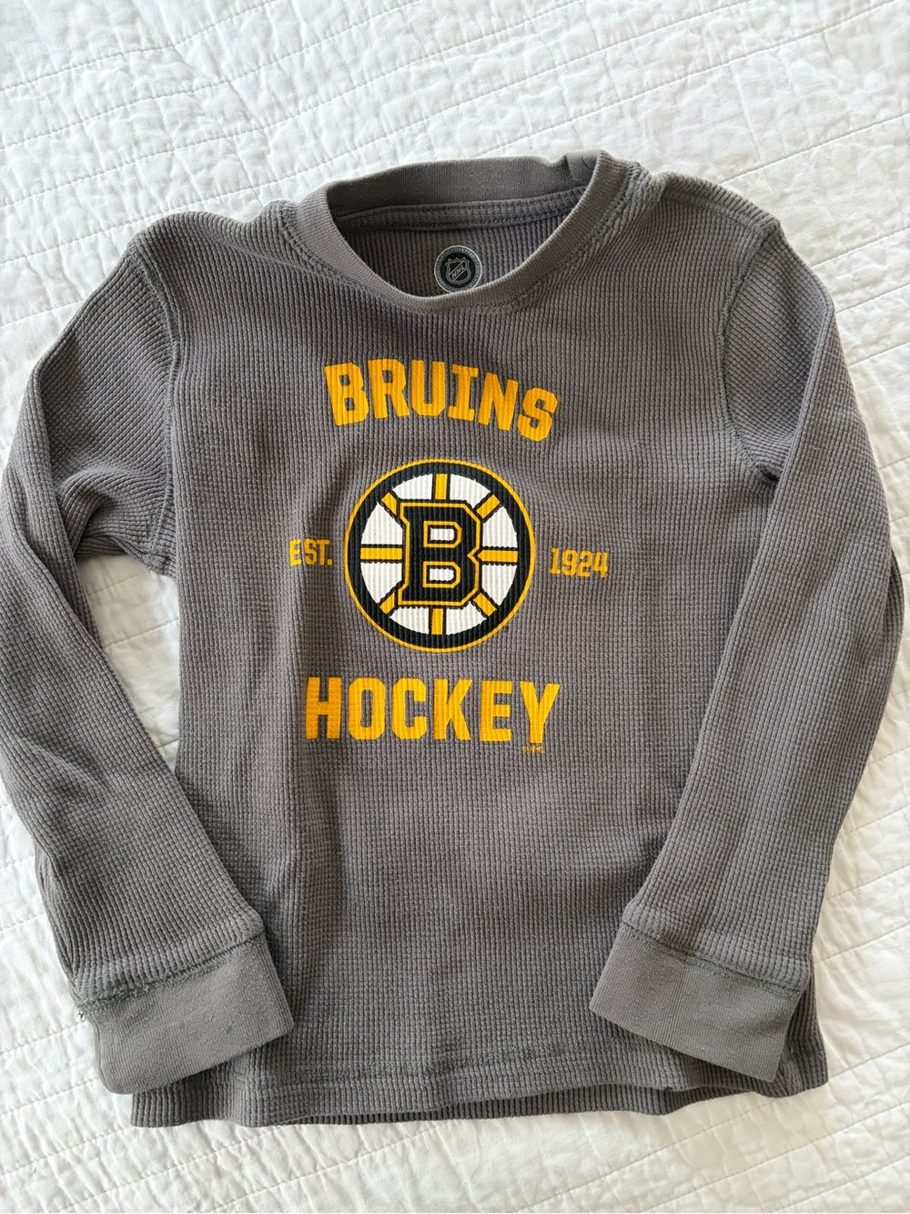 NHL Bruins Youth Gray Long-Sleeve Thermal Tee with Yellow Logo